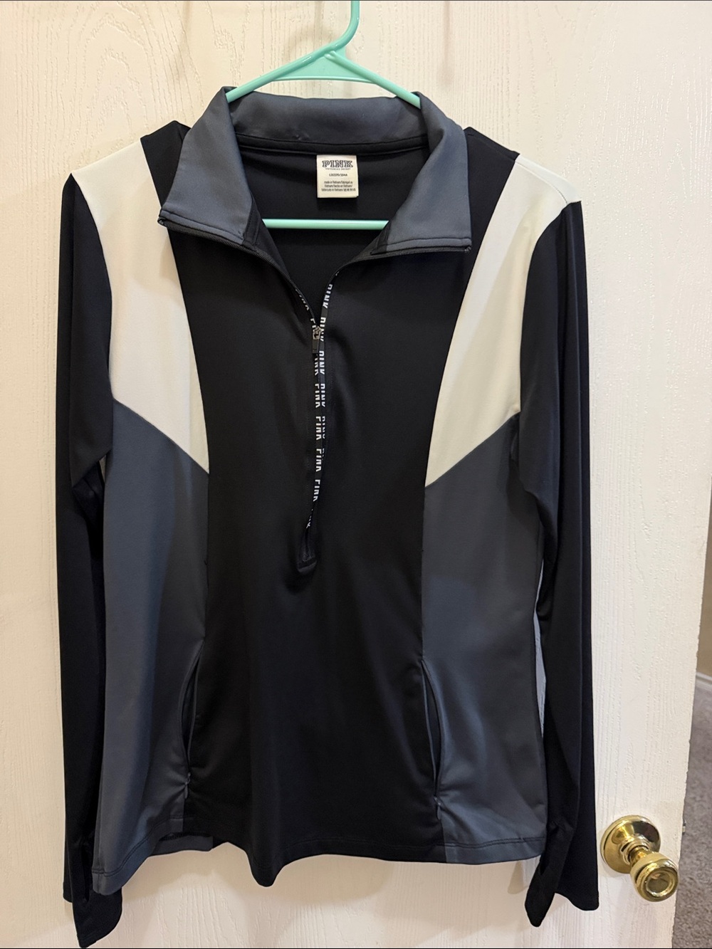 PINK Victoria's Secret Black, Gray & White Quarter-Zip Performance Sweater - Picture 1 of 3